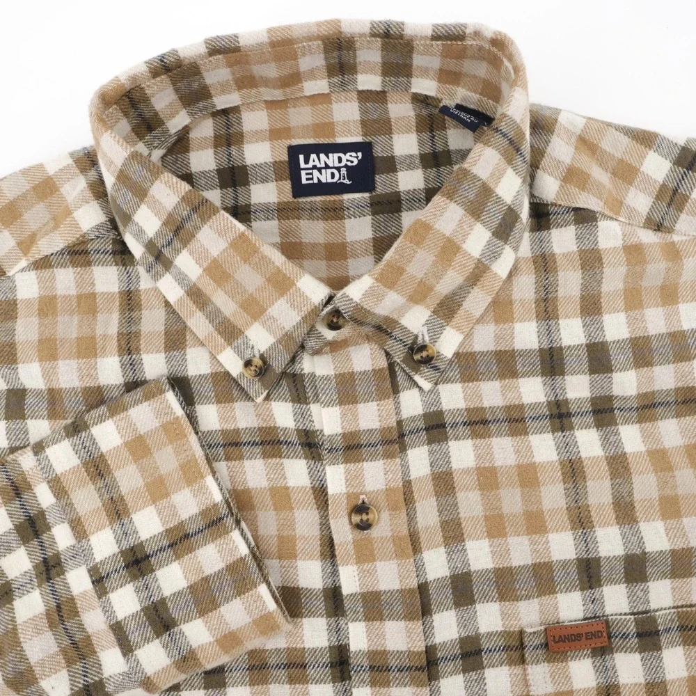 NEW Lands' End Plaid Flannel Shirt Tan Long Sleeve Mens L